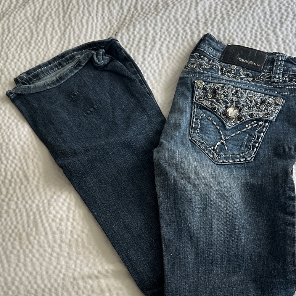 Grace in LA Women's Dark Blue Embellished Boot Cut Jeans